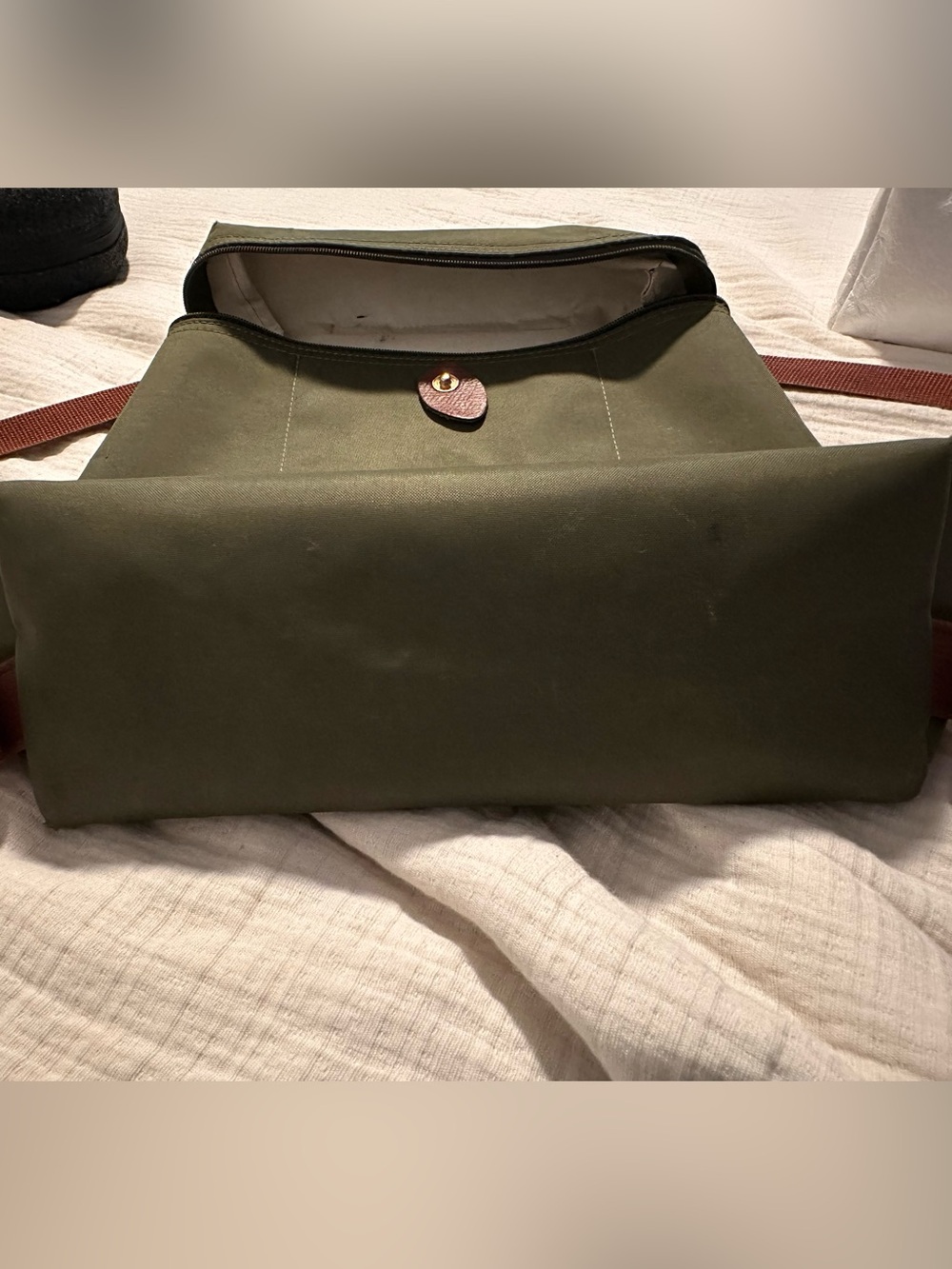 Longchamp Olive Green Nylon Backpack with Brown Leather Flap - Picture 3 of 8